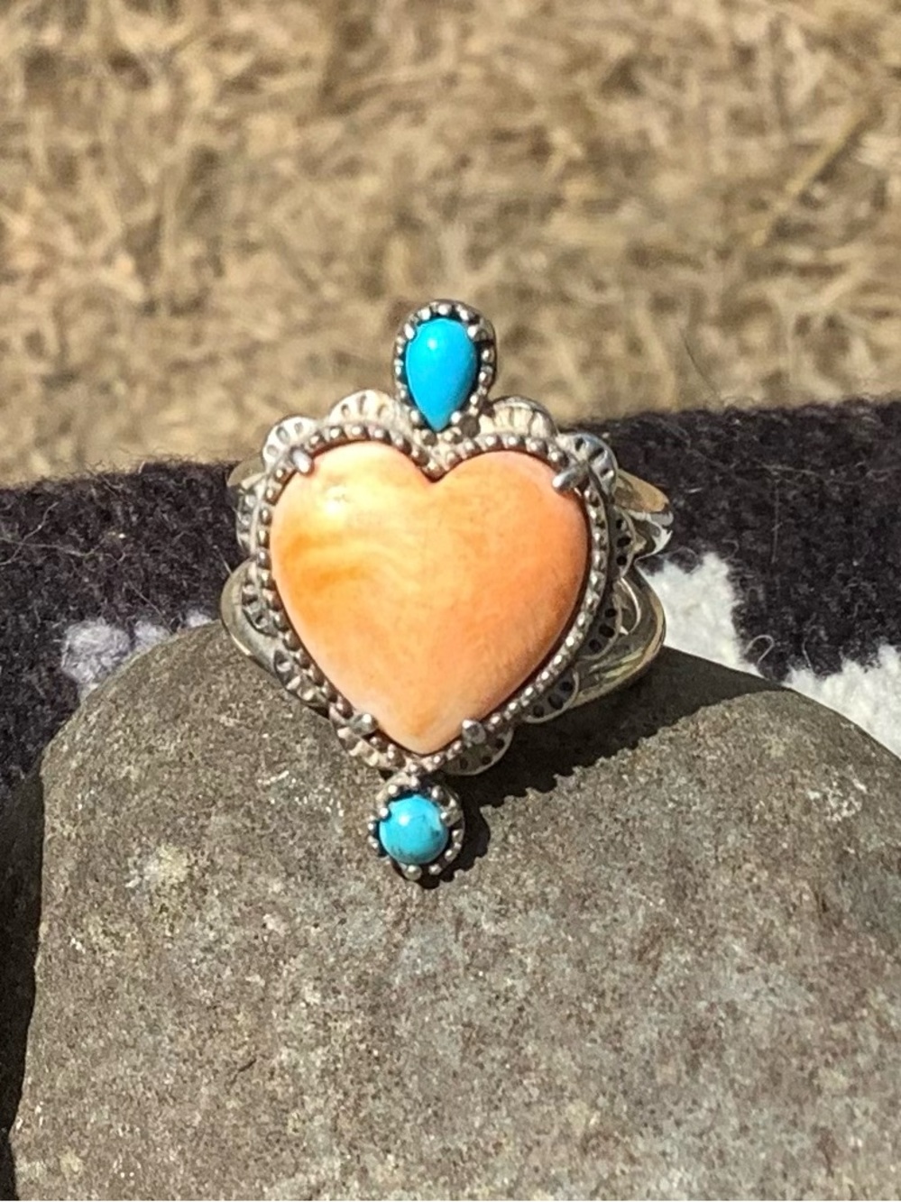 Spiny Oyster and Turquoise Sterling Ring Size 8